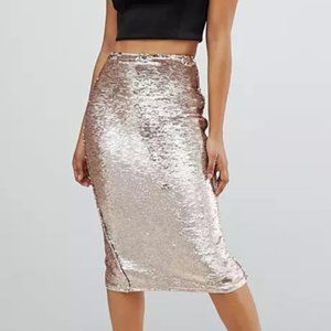 Lipsy Rose Gold Sequin Pencil Skirt